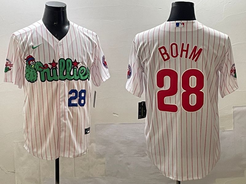 Men Philadelphia Phillies #28 Bohm White Stripe Three generations Joint Name Game 2025 Nike MLB Jersey style 3->philadelphia phillies->MLB Jersey